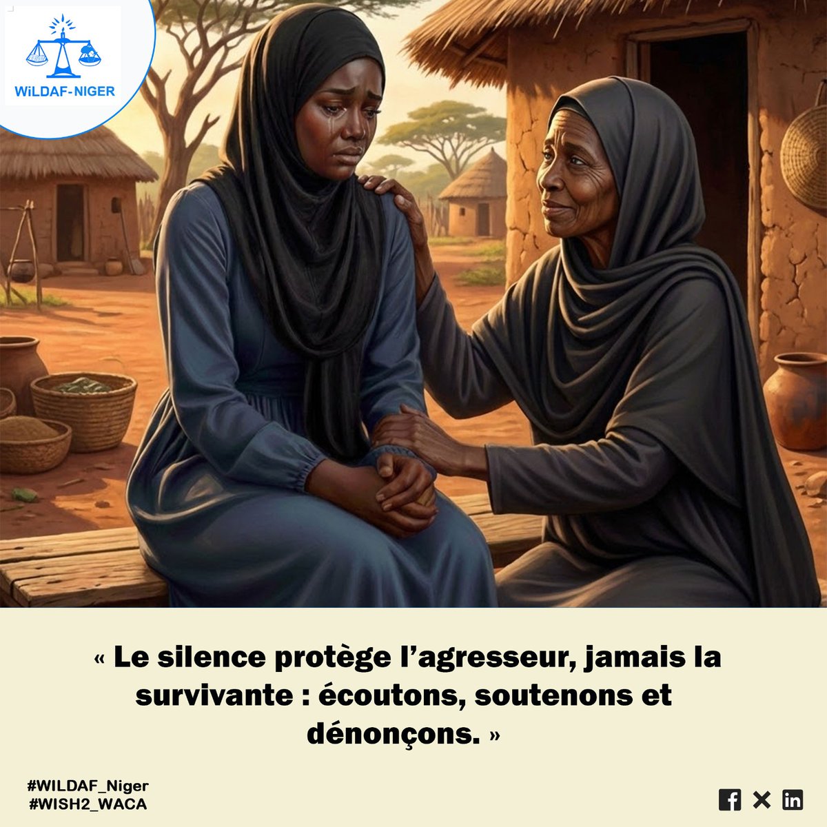 Le silence protège l’agresseur, jamais la survivante : écoutons, soutenons et dénonçons.
<a href="/WILDAFAO/">WiLDAF -Afrique de L'Ouest</a>
<a href="/wildaf_niger/">Wildaf Niger</a>
<a href="/IpasFrancophone/">Ipas Afrique Francophone</a>
<a href="/ong_raes/">ONG RAES</a>
<a href="/CentreOdas/">Centre ODAS</a>

#WISH2_WACA
#WILDAL_Niger