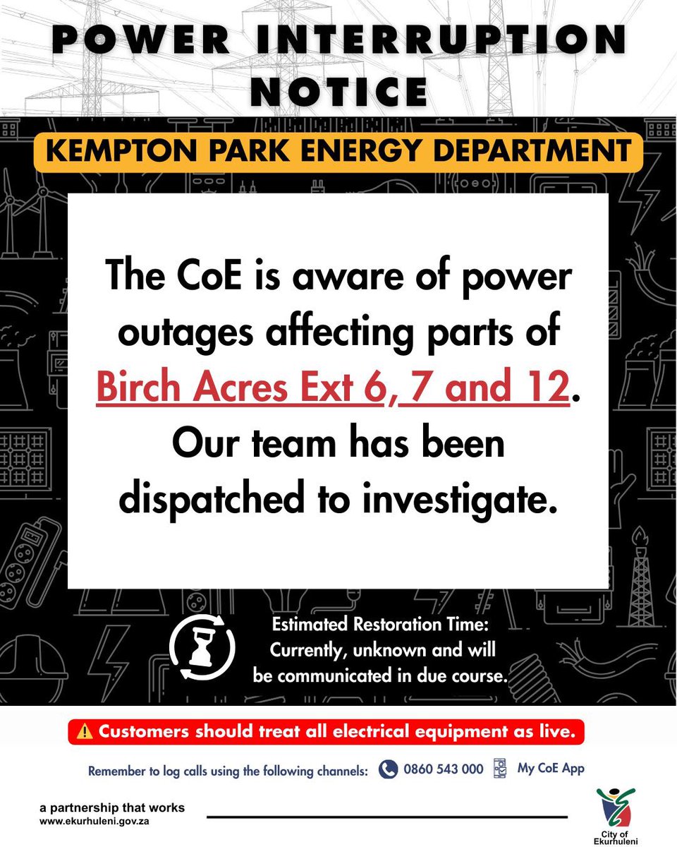 Sanibonani bahlali base Benoni base Kempton Park. Please take note of the following power interruption for the areas listed below.

#COEPower #COEWorks