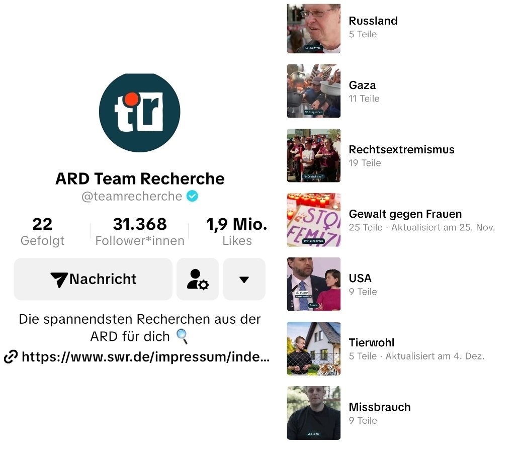 Beim ARD Team Recherche gibt es die Kategorien Russland, Gaza, Rechtsextremismus, Gewalt gegen Frauen, USA, Tierwohl und Missbrauch. Die Kategorien Islamismus und Linksextremismus existieren nicht. #OerrBlog