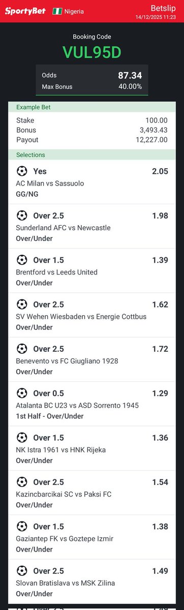 87 odds for today's football ⚽

Sportybet ➡️ VUL95D

Stake wisely

#GamblingX #GamblingTwitter #BettingTwitter #BettingTips #bettingpicks #PremierLeague #UCL