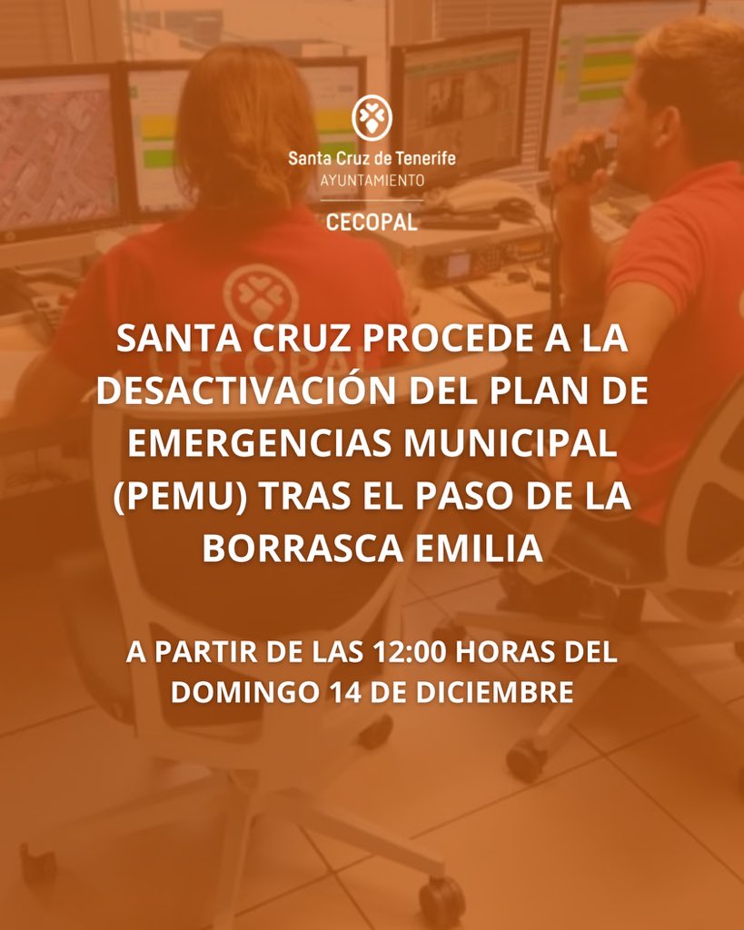 Tras la evolución favorable de la situación meteorológica y al quedar sin vigor los avisos de la AEMET para la zona metropolitana, se procede a la desactivación del Plan de Emergencias Municipal (PEMU) ℹ️ <a href="/santacruz_ayto/">Ayuntamiento de Santa Cruz de Tenerife</a>