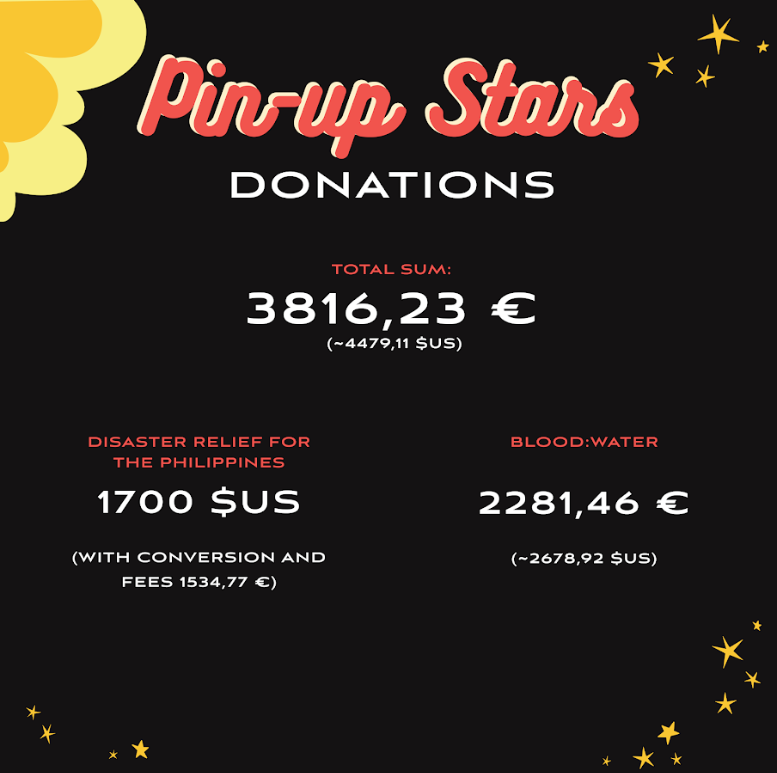 pinup_stars's tweet photo. IT IS OFFICIAL!

We were able to donate a sum of 3618,23€, divided between @bloodwater &amp; @angatbuhay_ph thanks to you all.

Thank you for the support, the enthusiasm, and proving how much community can do. 
Thanks to all our artists &amp; team members for the hard work &amp; dedication! https://t.co/JrMpUTdHV3