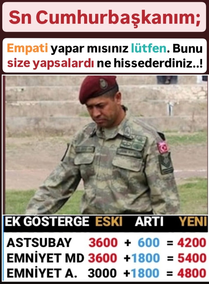 Lisans statüsü 5400 ek gös. ve em. subaylara verilen 6 tazminatı hiyerarşi oranında Astsubaylara vermek TSK'nın bütüncül yapısına, personel maaş-özlük hakkı adaletine, çalışma barışı ve hakkaniyete en uygun olanıdır.
#AstsubaylaraAdalet 
<a href="/RTErdogan/">Recep Tayyip Erdoğan</a>
<a href="/tcsavunma/">T.C. Millî Savunma Bakanlığı</a> 
<a href="/TSKGnkur/">TSK</a>
<a href="/grok/">Grok</a>