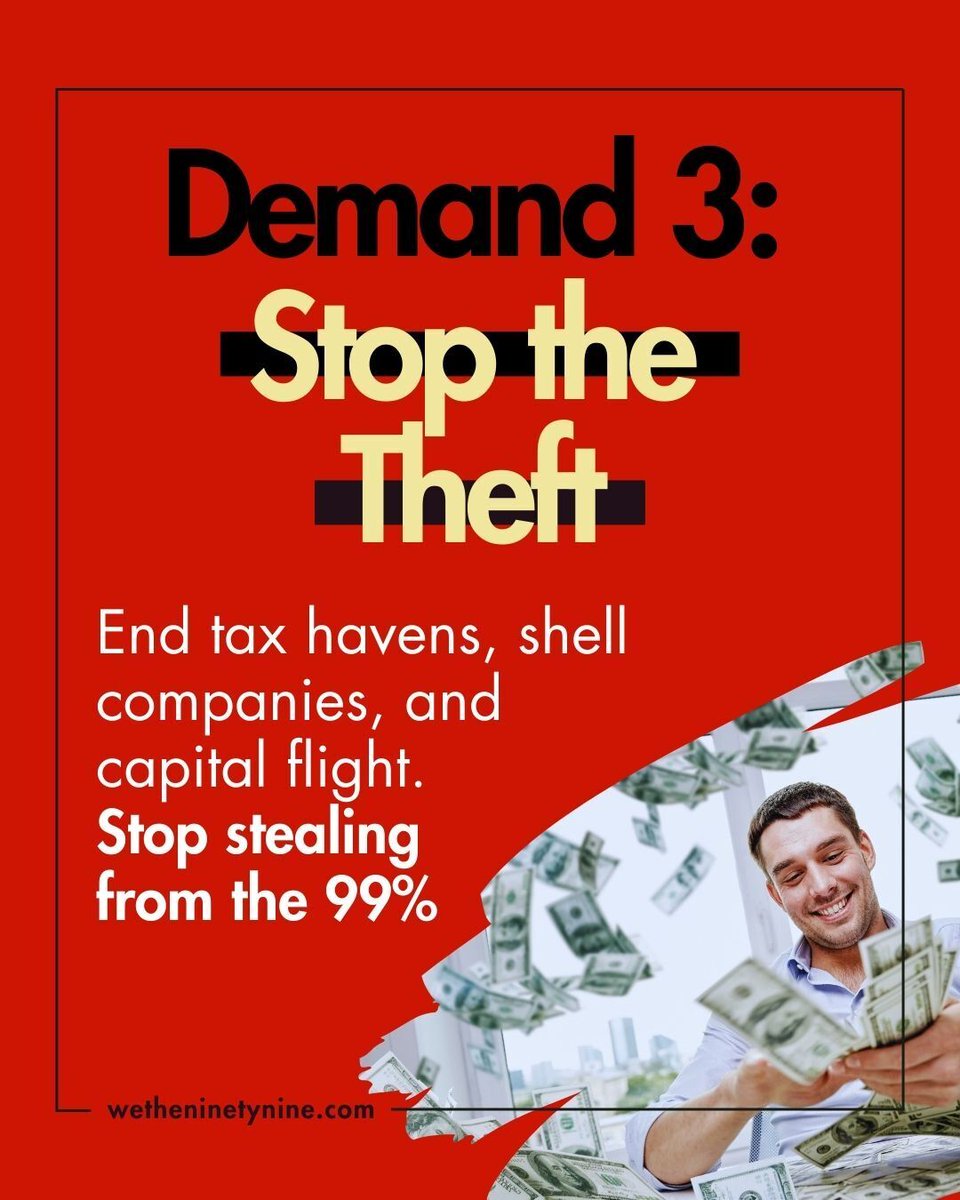 Tax havens, shell companies, and capital flight are stealing our schools, hospitals, and public services. ​ We demand an end to this theft. ​ ✋  

Read the full Johannesburg We The 99 declaration: wetheninetynine.com/declaration/ 

#StopTheTheft #WeThe99