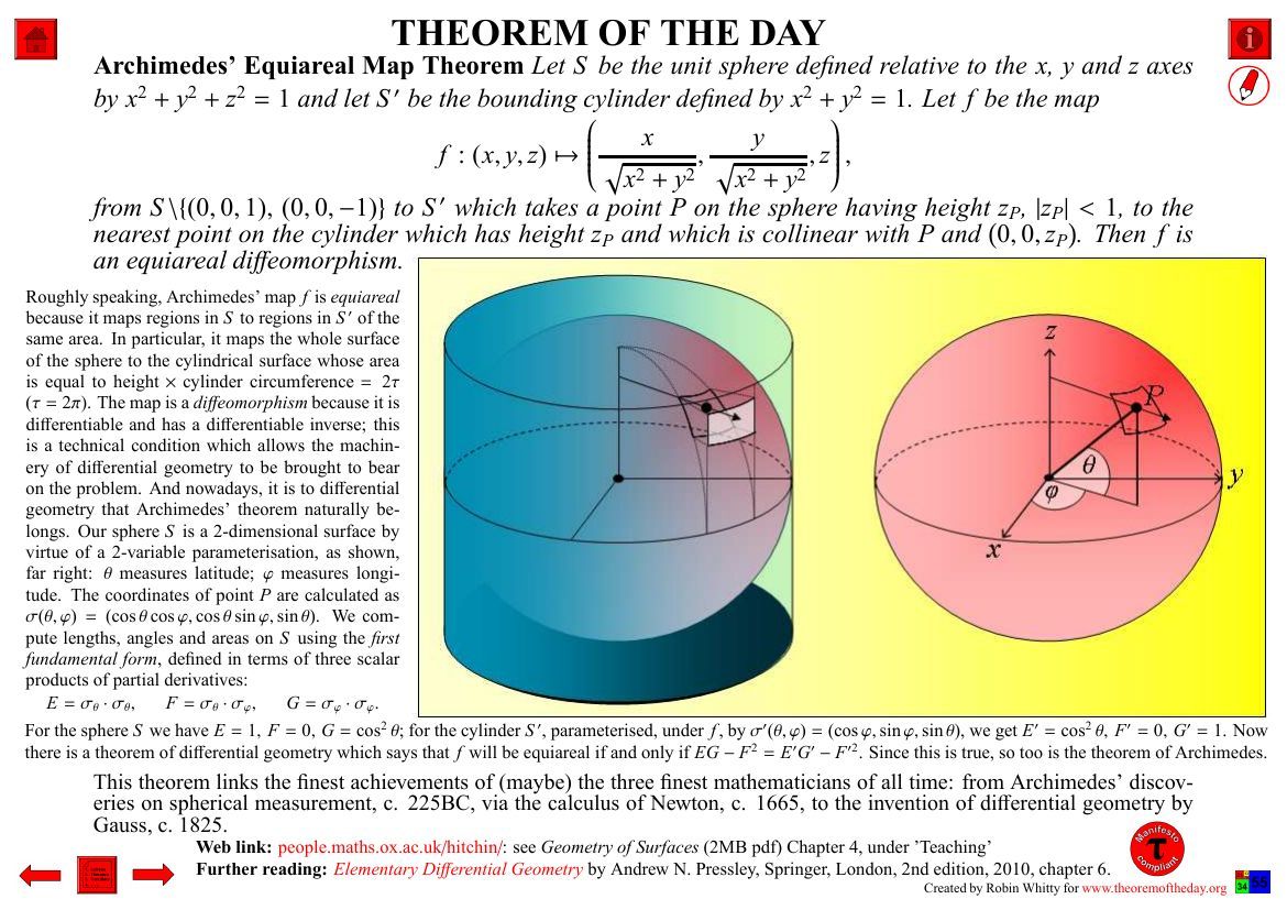paysmaths's tweet photo. Theorem of the Day (December 14, 2025) : Archimedes’ Equiareal Map Theorem
Source : Theorem of the Day / Robin Whitty
pdf : https://t.co/AJURNj3pFQ
notes : https://t.co/6xYBONdexA 

#mathematics #maths #math #theorem https://t.co/eIvqIkDunq
