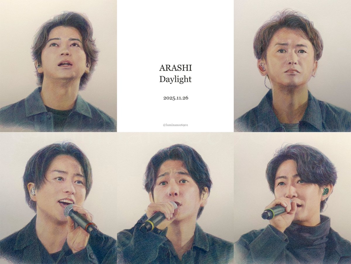 luminance6901_m's tweet photo. あの日の5人描きました 
大野くんが選んだ曲はDaylight、豪華セットの前で歌った嵐、カッコよすぎて泣けた またひとつ思い出増えたな
ありがとう嵐

#ARASHI #嵐Movie https://t.co/ARZvEeSQPx