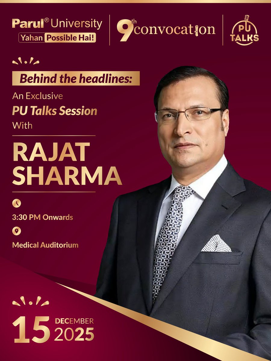 ParulUniversity's tweet photo. Headlines report. Stories shape the nation. 🔥 Catch an exclusive #PUTalks with Rajat Sharma journalism beyond the camera, debates & breaking news. 🗞️
Registrations open. Scan the QR. 💯 https://t.co/fdUOG0itvJ