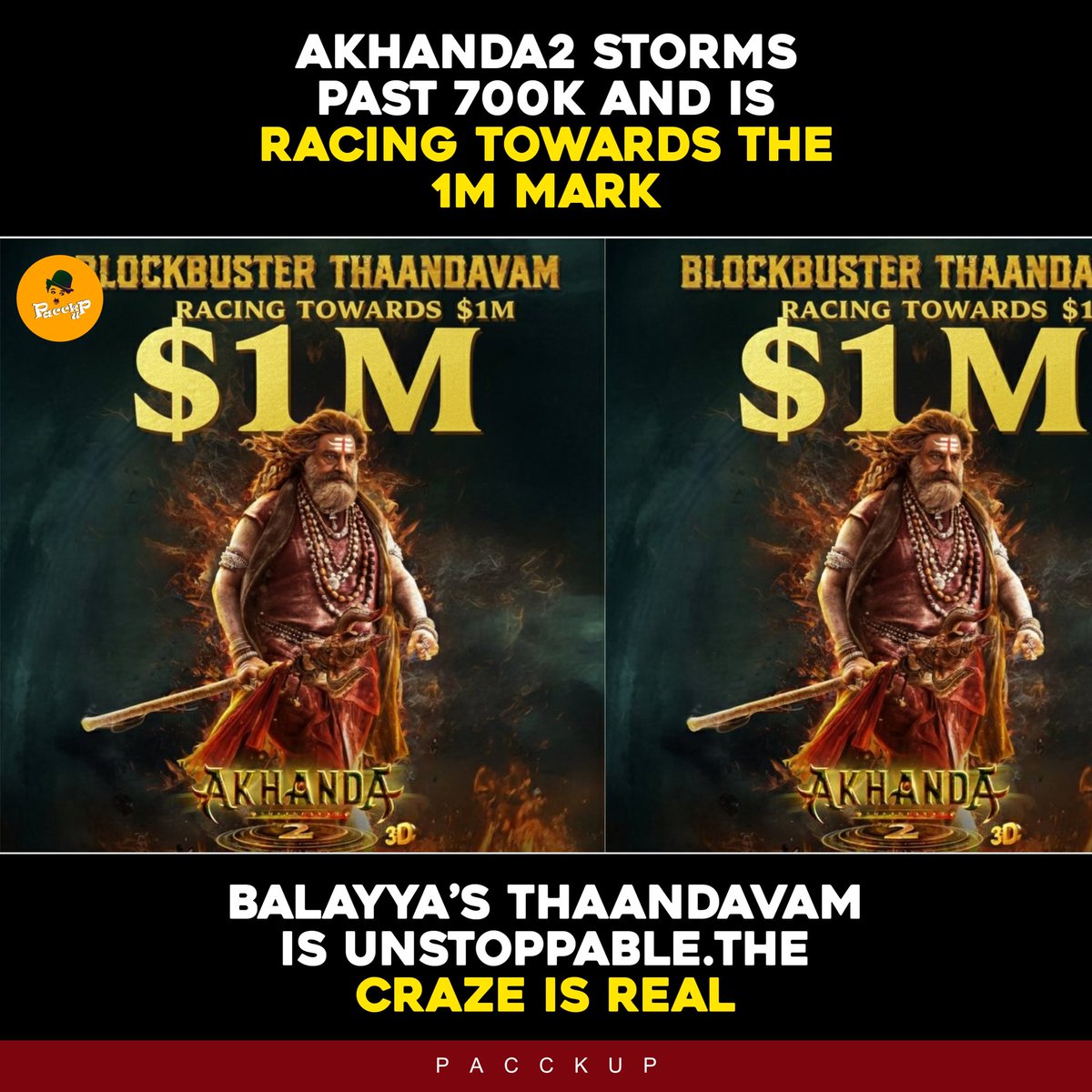pacckup's tweet photo. π¨ #Akhanda2 storms past $700K and is racing towards the $1M mark!
Balayyaβs #Thaandavam is unstoppable β the craze is real. π₯π₯
#NBKPower #Akhanda2 https://t.co/XYEqRPdGN5