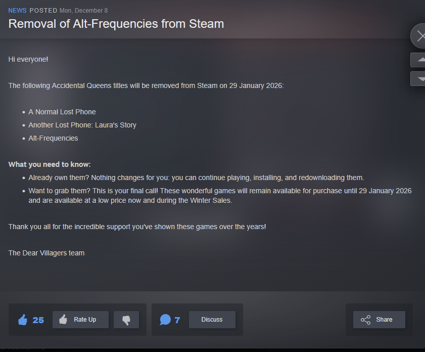 PlanoGaming's tweet photo. The following games  will be removed from Steam on 29 January 2026:
- A Normal Lost Phone: https://t.co/CpOcqYkuMY
- Another Lost Phone: Laura's Story: https://t.co/ZVpS12IZoV
- Alt-Frequencies: https://t.co/BMPh9voFfR
Each are on sale right now, for less than $1
Thanks indienhecker for the info