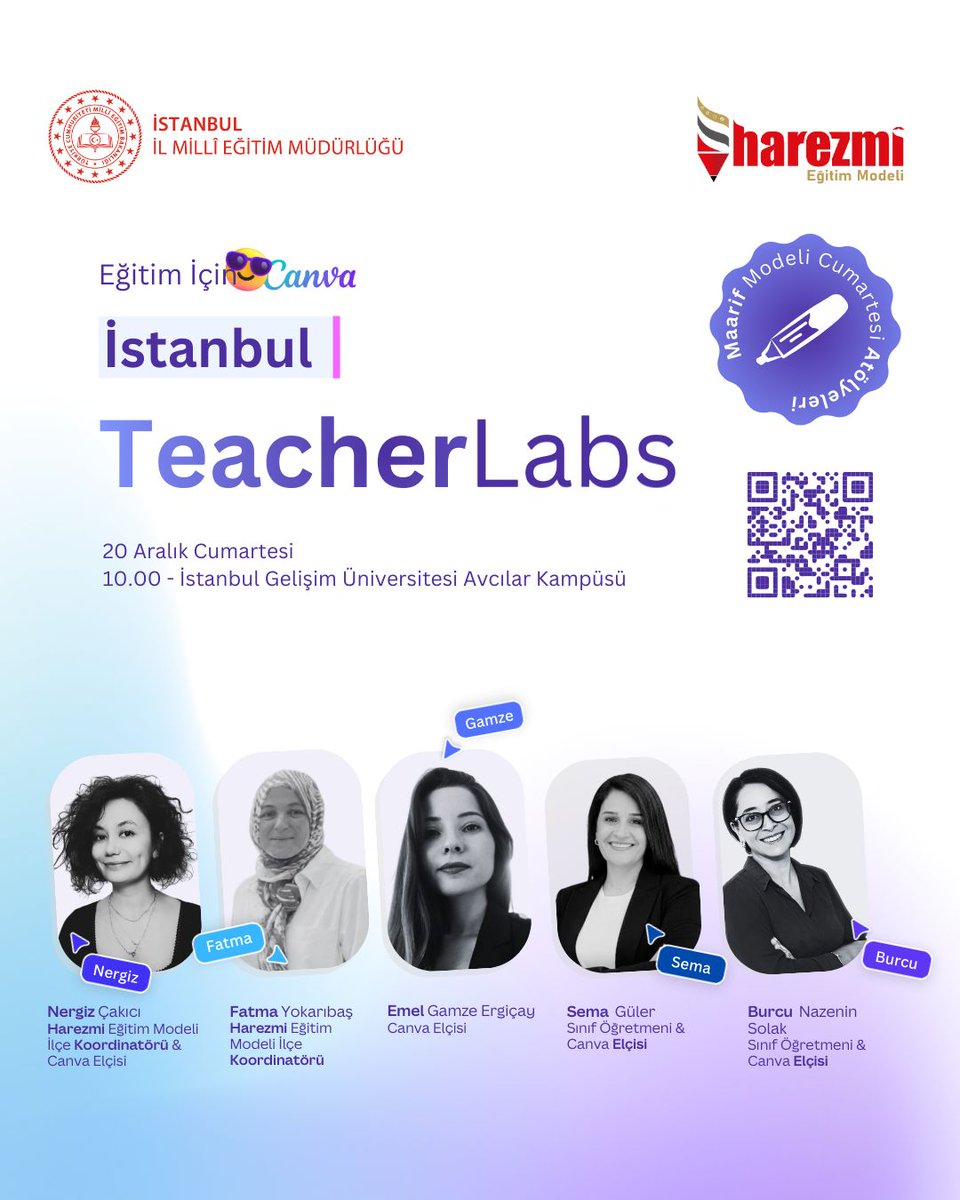 📢 Müdürlüğümüzce, Türkiye Yüzyılı Maarif Modeli Cumartesi Atölyeleri kapsamında Harezmi uygulayıcı öğretmenlerine yönelik düzenlenen "Canva Eğitimi – İnteraktif Atölye 2"nin başvuruları başladı.

📆 20 Aralık 2025 - Cumartesi

 📍 İstanbul Gelişim Üniversitesi - Avcılar Kampüsü