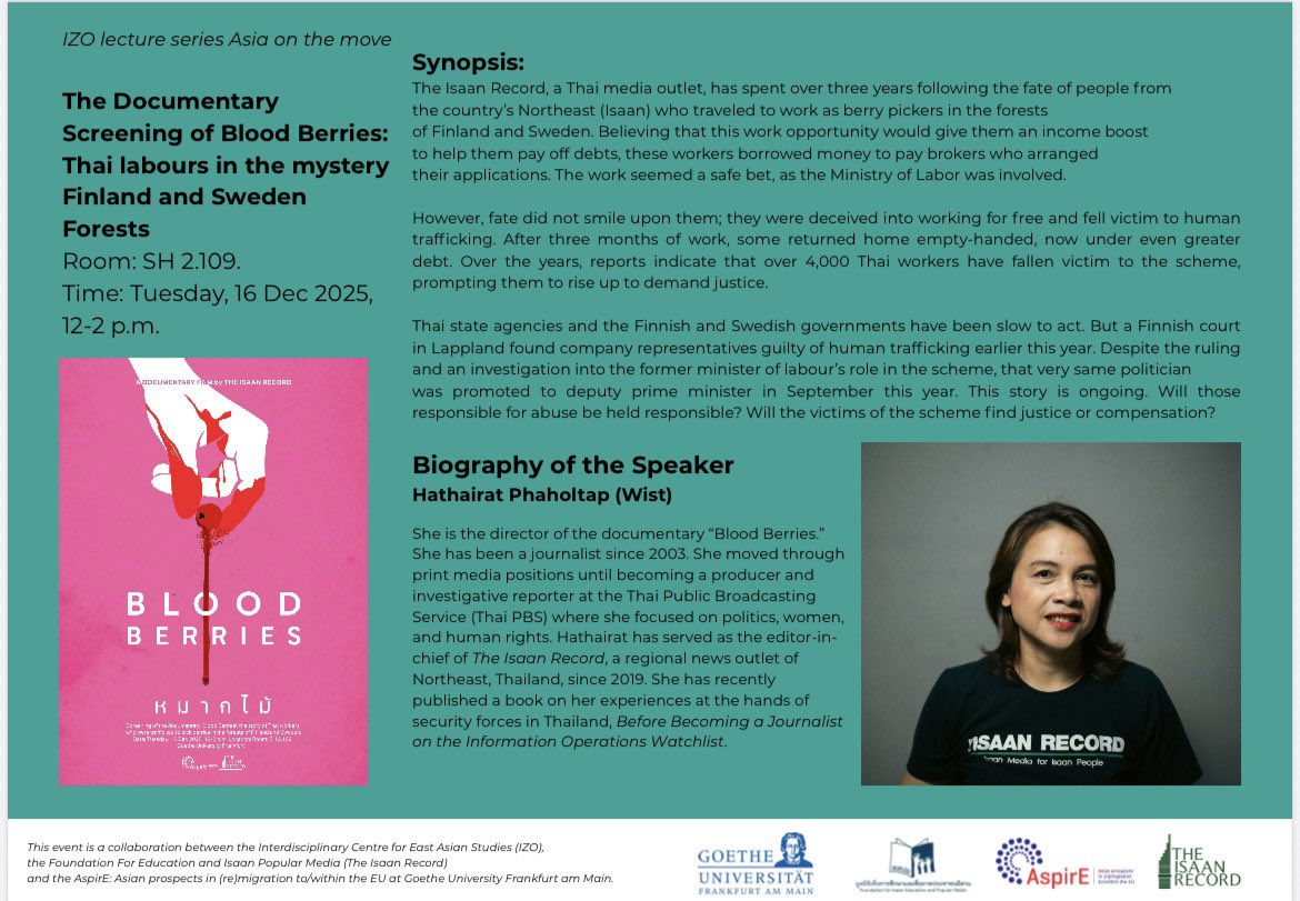 Next station is Germany 

เราจะไปฉายหนังที่ ม.เกอร์เธ่ เยอรมันนีและคุยกับนักศึกษาที่นั่น 

เดือนนี้สารคดีกำลังจะเดินทางไปฟินแลนด์ สวีเดนและกรีซ ตอนนี้มีหลายประเทศติดต่อมา คือ อังกฤษ ฝรั่งเศส โปรตุเกส อิตาลี ฮ่องกงและญี่ปุ่น #BloodBerries