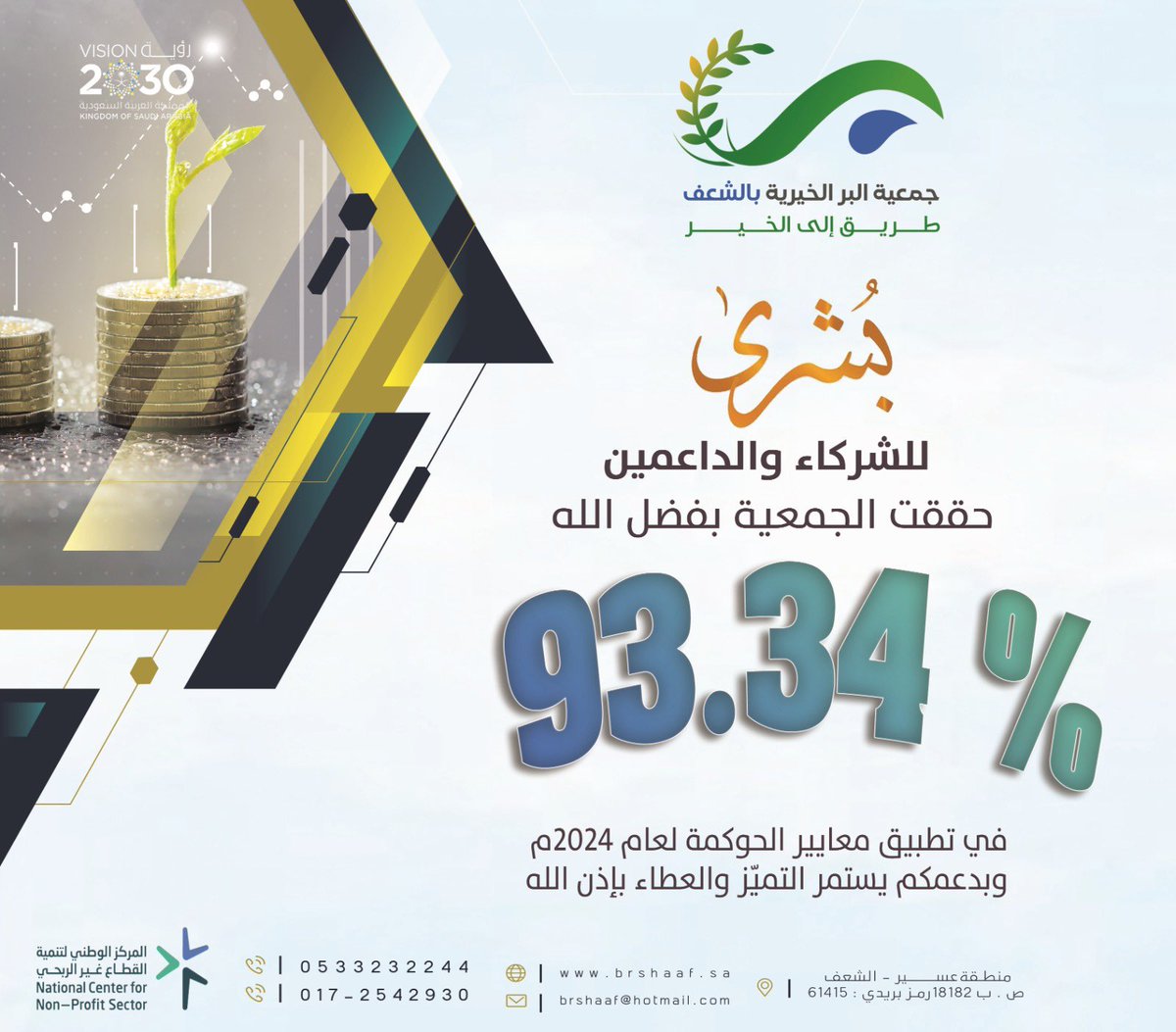 shaaf320's tweet photo. #بشرى للشركاء والداعمين
حققت الجمعية بفضل الله
درجة 93.34 ٪
في تطبيق معايير #الحوكمة لعام 2024م
وبدعمكم يستمر التميز والعطاء بإذن الله https://t.co/3YMmj8kYZJ