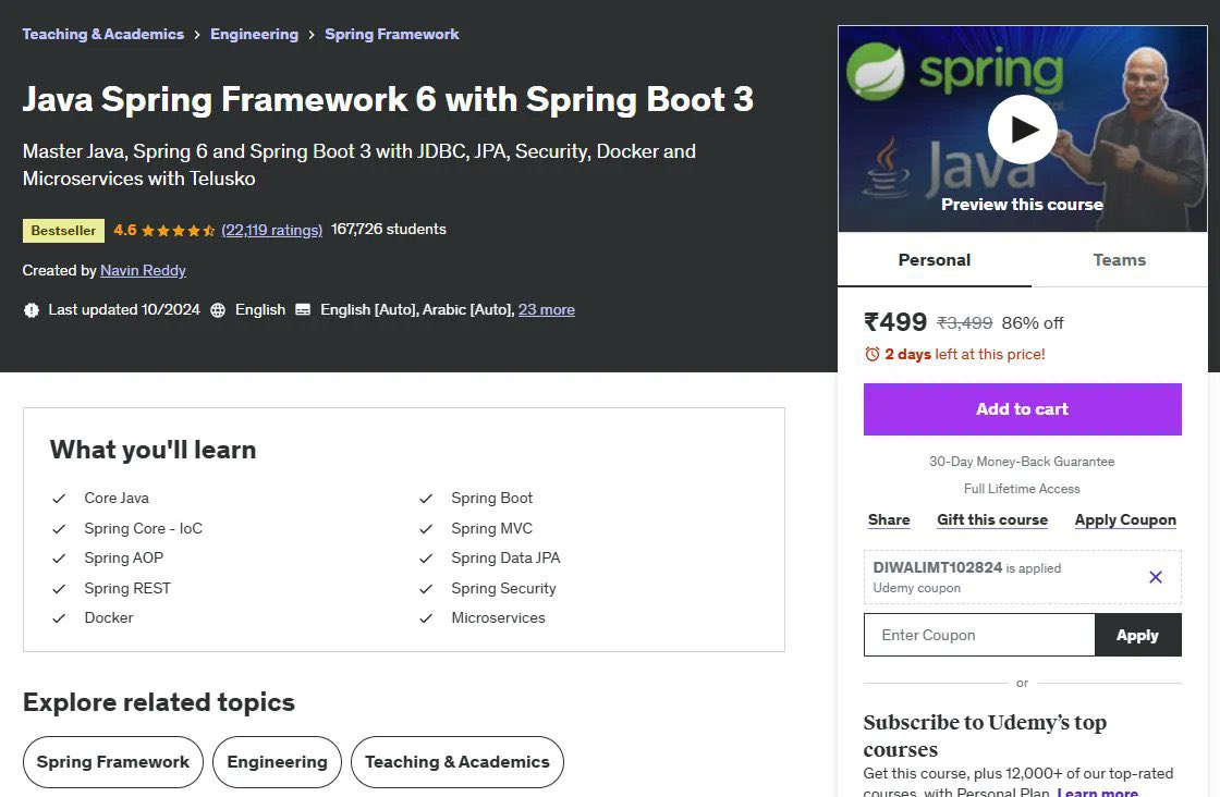 KumarRahul2054's tweet image. Telusko Java Spring Framework 6 with Spring Boot 3 Free Giveaway 😍

Master Java, Spring 6 and Spring Boot 3 with JDBC, JPA, Security, Docker and Microservices with Telusko.

To get It-

Reply &quot;Free&quot; &amp;amp;  Like, and retweet this post.

Follow Me @KumarRahul2054 (so that, I can dm…