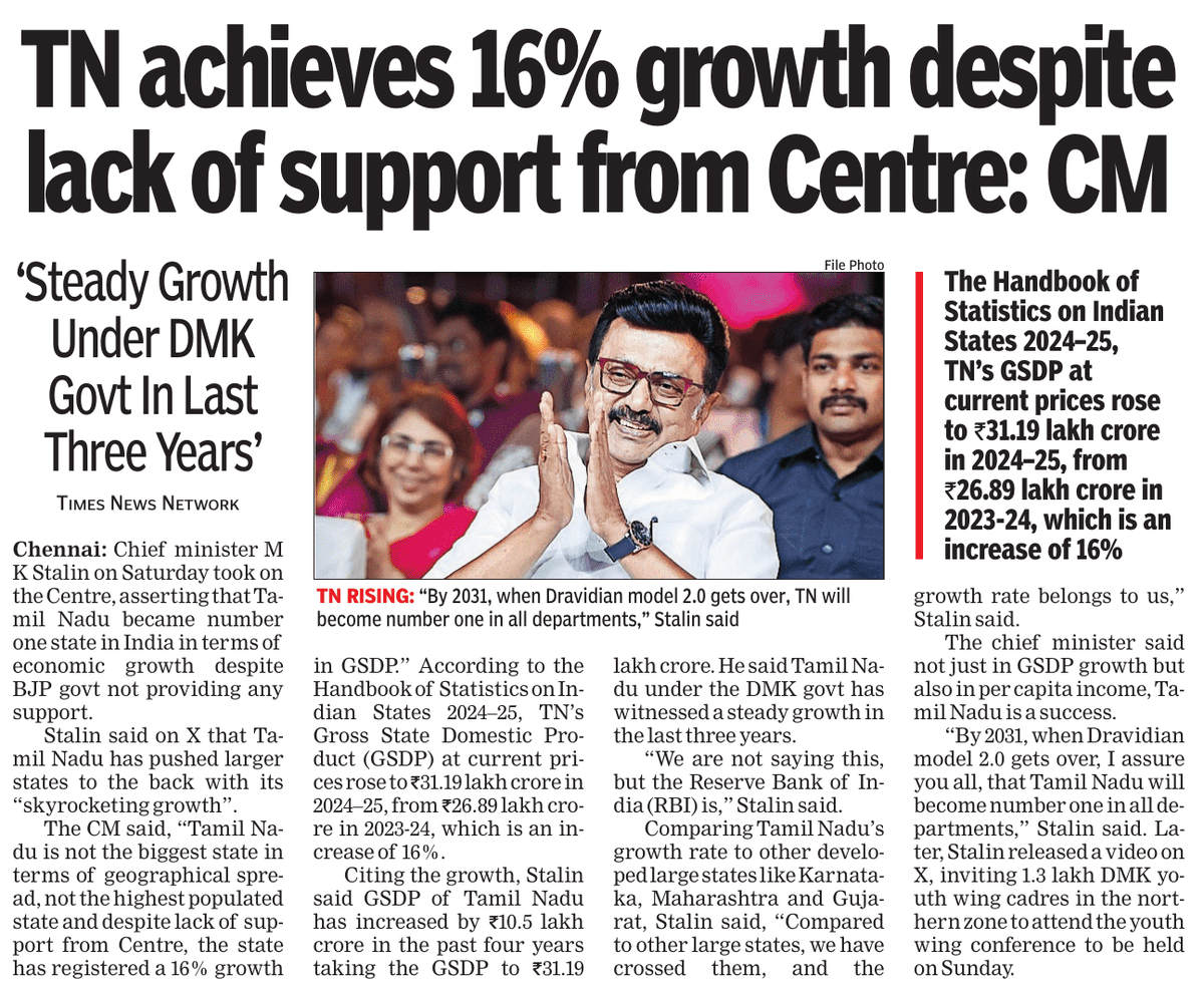 prasannavishy's tweet photo. Stalin’s government deserves  A+ for accelerating industrialisation, But to claim Tamil Nadu achieved 16% nominal growth despite the Centre is not just disingenuous but political posturing

As pointed out earlier, Tamil Nadu today is one of the biggest beneficiaries of two marquee Modi-era industrial policies:
• PLI for mobile phones
• ECMS for electronics components, now driving the next wave of supply-chain shifts.

These 2 central schemes have poured investments, jobs, exports and supply-chain linkages into Tamil Nadu at a pace unseen in a decade.

What is conveniently forgotten in this political narrative is that TN’s growth was flat and muted for almost ten years until 2022, despite having the same fundamentals 

The recent acceleration coincides squarely with national-level reforms that unlocked global manufacturing flows into India.