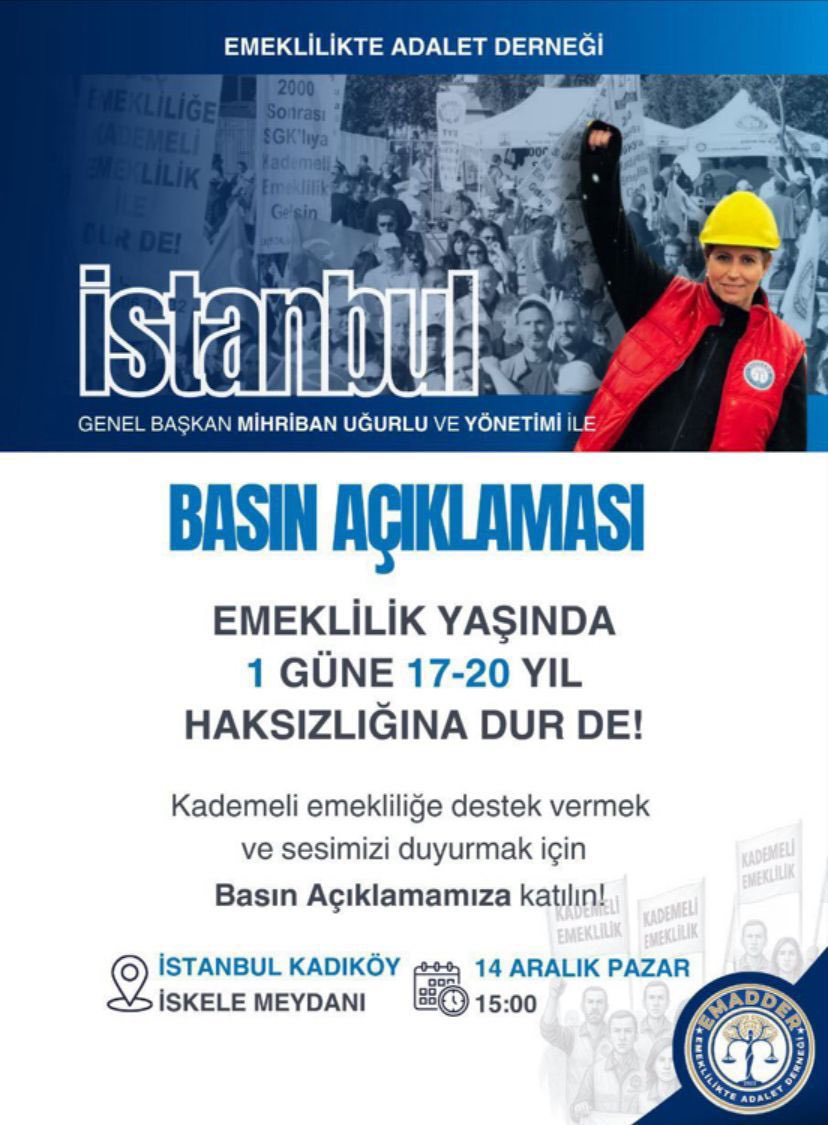 1 güne 17 yıl adil değil, kabul edilemez diyerek hak arayışına çıkan <a href="/EmadDernegi/">EMEKLİLİKTE ADALET DERNEĞİ ⚖️</a> 'nin bugün Kadıköy meydanda saat 15'te düzenleyeceği basın açıklamasına bizlerde destek vermek için orada hazır olacağız inşallah.

Bütün mağduriyetliklerin son bulduğu bir Türkiye hayali ile hep