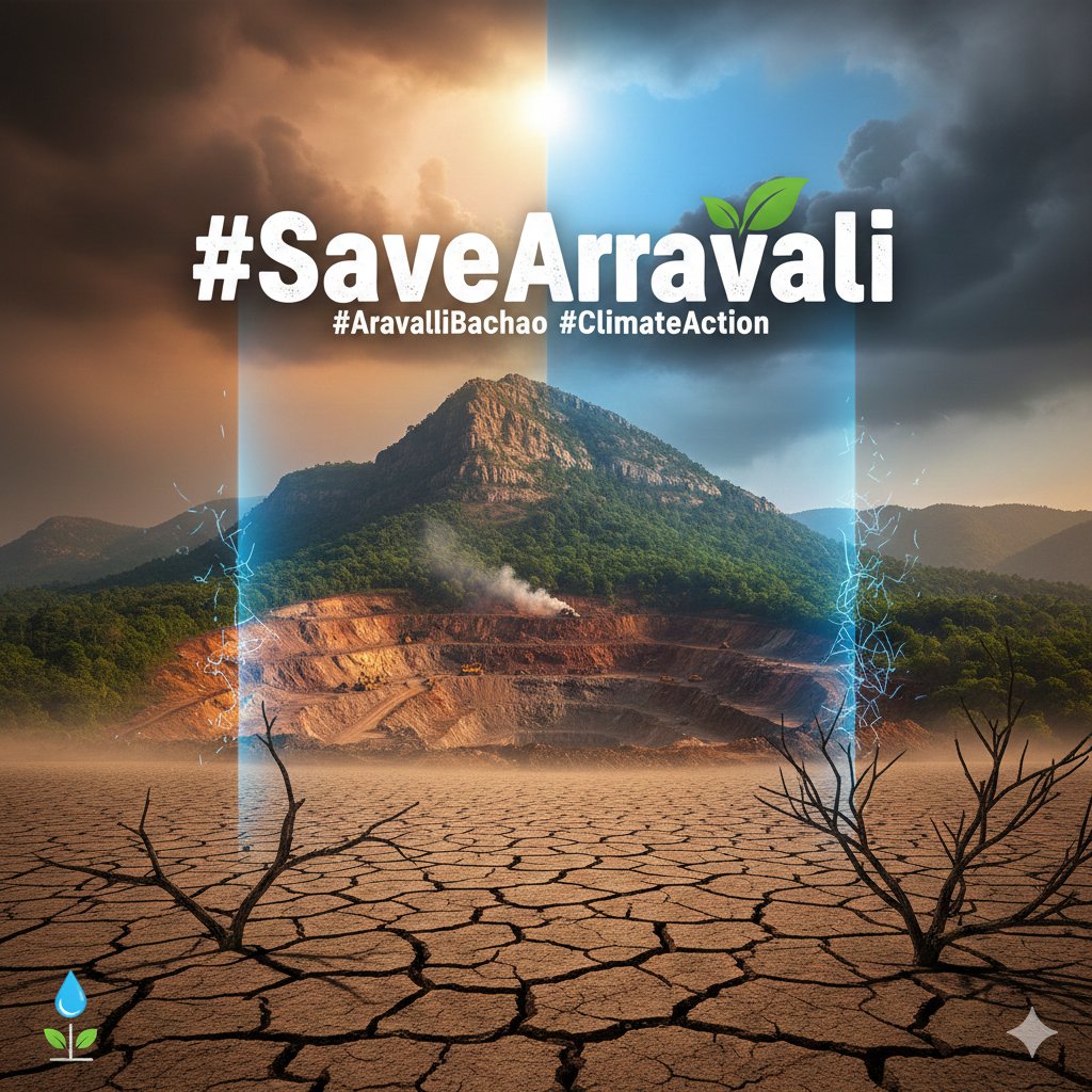 anuv_optics's tweet photo. The Aravallis face a 'death warrant.' 🚨 A new 100m height rule removes protection from most hills, greenlighting destructive mining. This is Delhi-NCR's climate shield &amp; water source. Withdraw the criterion immediately! #SaveAravalli #ClimateAction #aravali #SaveAravali 
#Delhi https://t.co/jxZSlm6twP
