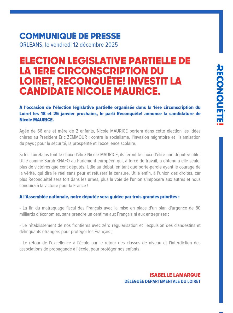 LamarqueIsabel2's tweet image. Bravo à Nicole MAURICE qui portera les valeurs de Reconquête! dans la législative partielle de la 1ère circonscription du Loiret !!!