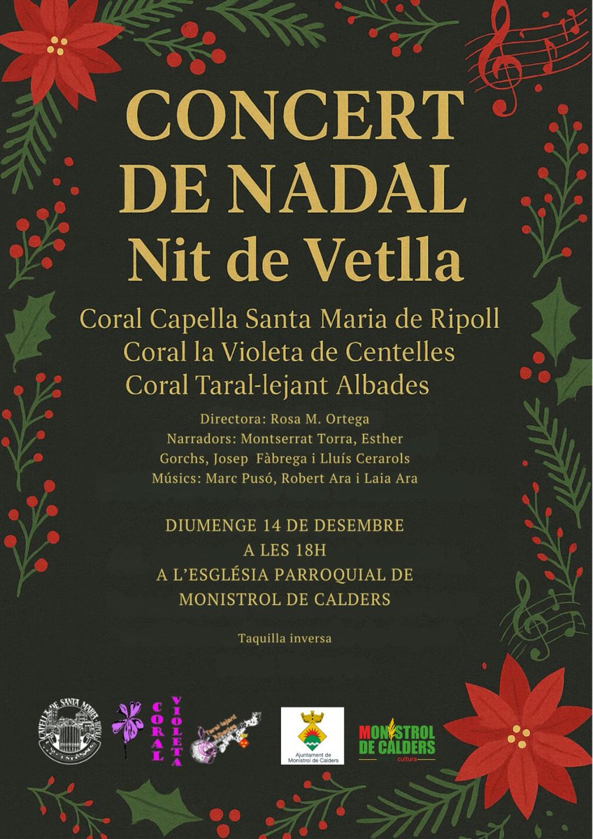 Avui diumenge 14 de desembre a les sis de la tarda a l'església parroquial hi haurà concert de Nadal amb "Nit de vetlla".