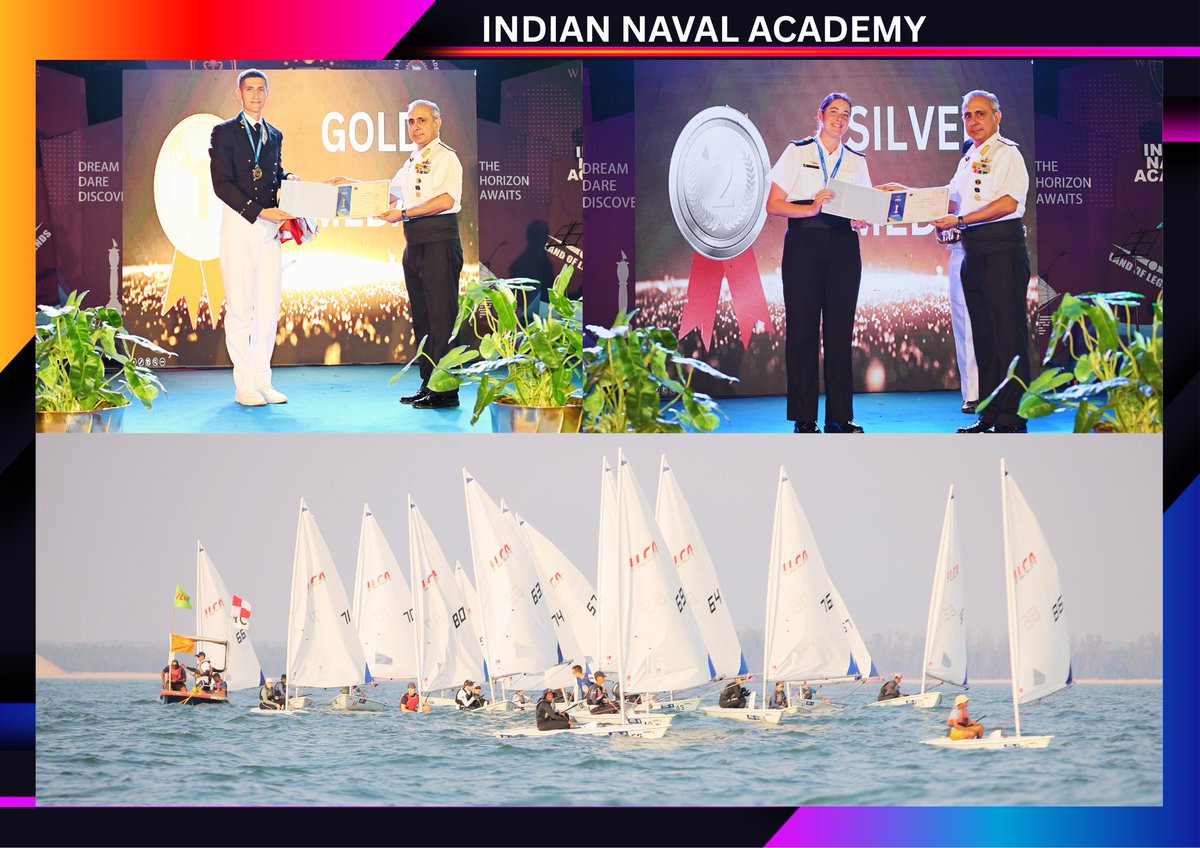 IN_NavalAcademy's tweet photo. 🌊⚓#DreamDareDiscover

 Final Day • Admiral’s Cup Regatta 2025 

The waters off Ettikulam Bay came alive on the final race day, delivering a breathtaking finale packed with speed, strategy and sailing excellence. Teams displayed grit, precision and masterful seamanship—reading the winds, mastering the waves and pushing limits right till the very last race 

As the sun set on an unforgettable regatta, the shore resonated with energy during the vibrant Closing Ceremony - a celebration of culture, camaraderie and friendships that sailed far beyond uniforms and flags. 

The evening reached its proudest moment at the Prize Distribution Ceremony, honouring exceptional performances and the indomitable sailing spirit that defined Admiral’s Cup Regatta 2025

🏆 Overall Champion -Team INA, India 🇮🇳
🥈 Runner-up: Team NDA, India 🇮🇳
🥉 Second Runner-up: Team,
 Poland 🇵🇱

🏅 Individual Championships 
🥇 Men’s Category: Cdt Maxime E. Wivand Argazzi, Italy 🇮🇹
🥇 Women’s Category: Cdt Polina Loshinina, Russia 🇷🇺

A spectacular finale to days of intense racing, shared horizons and global friendships—until the winds guide us together once again 
@indiannavy
@IndiannavyMedia
@IN_HQSNC
@IN_HQENC
@IN_WNC
#AdmiralsCup2025 
#IndianNavy 🇮🇳 #FinalRaceDay 
#ClosingCeremony
#SailingExcellence
#CulturalEvening #GlobalCamaraderie