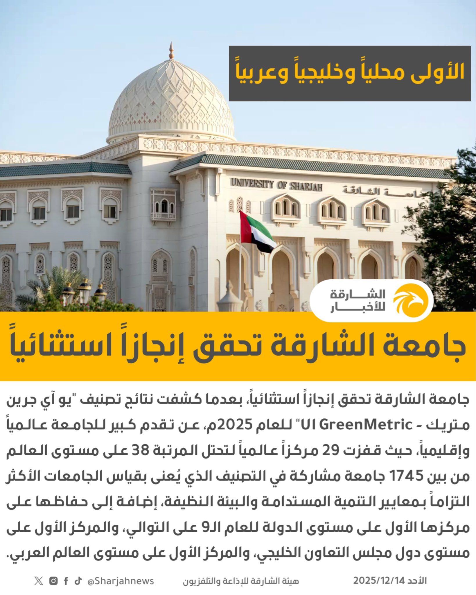 جامعة الشارقة تحقق إنجازاً استثنائياً في مسيرتها الأكاديمية والبحثية 