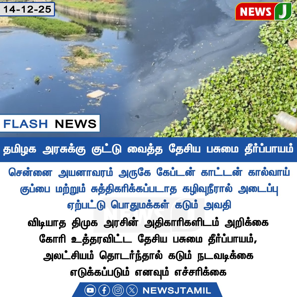 NewsJTamil's tweet photo. #flashnews || தமிழக அரசுக்கு குட்டு வைத்த தேசிய பசுமை தீர்ப்பாயம்
#Chennai | #NGTWarning | #Floods | #CaptainCottonCanal | #WasteManagementFailure | #SewageBlockage | #PublicDistress | #DMKGovernmentNegligence | #EnvironmentalAction | #NewsJ https://t.co/jnc13tkvR3