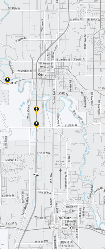 wsdot_traffic's tweet image. Both directions of SR 167 are closing in Kent &amp;amp; Auburn due to water on the roadway. 

The closure is from S 212th St (mp 22) to 15th Street NW (mp 16). Multiple on- and off-ramps also closing in this area.

WSDOT is working w/ local partners &amp;amp; will assess conditions Sunday 12/14.