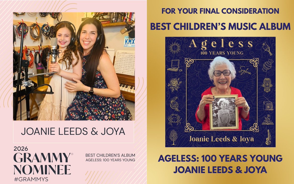 For your final consideration…
BEST CHILDREN’S MUSIC ALBUM
AGELESS: 100 YEARS YOUNG
@JOANIELEEDS &amp; JOYA

What a beautiful journey! Thank you for everyone who has listened, joined us at events &amp; concerts and for the many messages of support. We are grateful! 
#ageless100yearsyoung