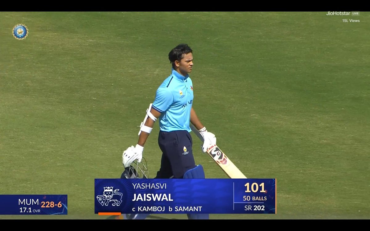 D2ShivuR's tweet photo. Match winning knock by our yashaswi bhai ⚡🔥💥💯 100 by 48 balls with strike rate of 202 and 235 runs chased dowm by in only 17 overs against haryana in #SMAT2025 
He deserves in t20 world cup team
#T20WorldCup 
#t20worldcup2026 
#realprince https://t.co/MQdyGjs79N