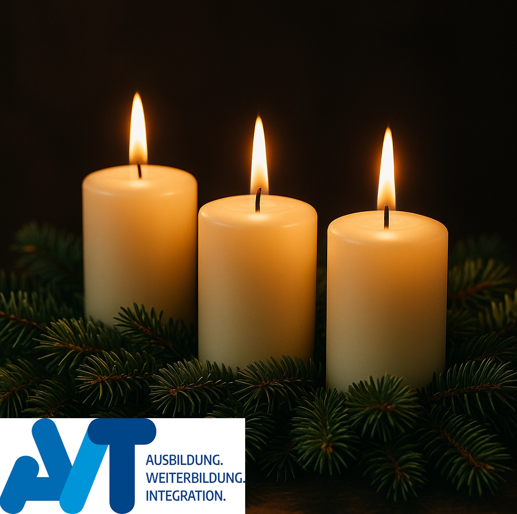 🎄 Adventsgrüße vom AVT 🎄

Wir wünschen allen Teilnehmenden, Lehrkräften und Kooperationspartnern einen besinnlichen 3. Advent.

Besuchen Sie uns gerne auf unserer Website:
👉 avt-bildung.de

#3Advent #AVTBildung #GemeinsamStark #BildungMitZukunft #ErfolgIstPlanbar