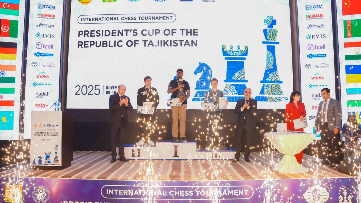 ChessbaseIndia's tweet photo. Pranav Anand convincingly clinches President’s Cup of the Republic of Tajikistan 2025

Top 3
🥇@GMPranavAnand🇮🇳 7/9
🥈GM Sergey Drygalov 6.5/9
🥉GM Nikita Afanasiev 6.5/9

📷Tajikistan Chess Federation

#Chess #ChessBaseIndia #Dushanbe #Tajikistan #India