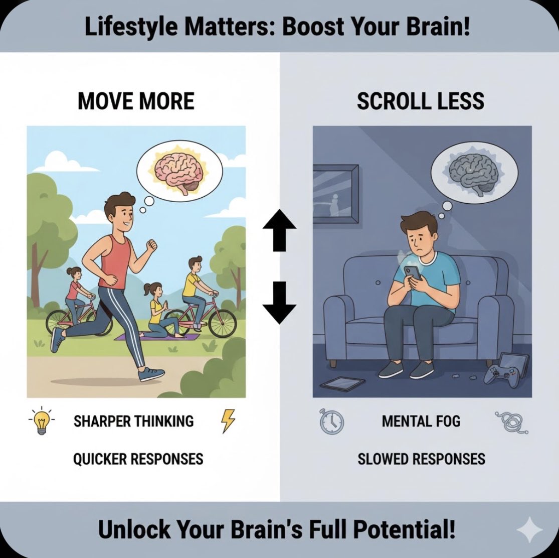 reeza_ch's tweet photo. 📊💡 Lifestyle choices matter: moving more and scrolling less supports sharper thinking and quicker responses.
#physiotherapy #screentime #exercise https://t.co/OoEut7w3Zv