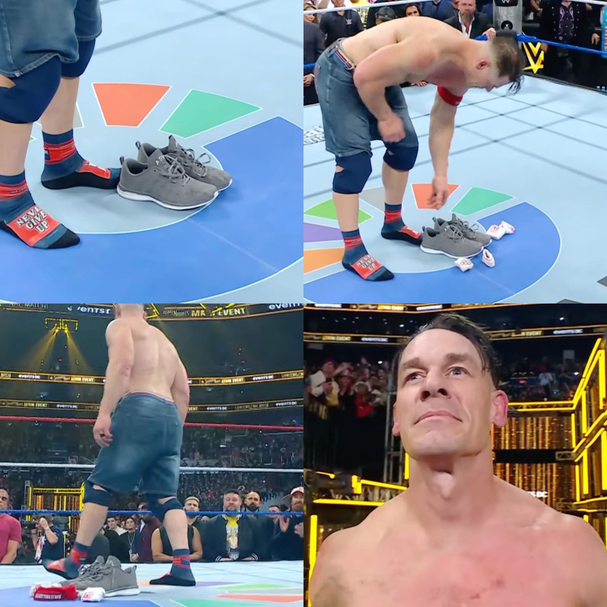 RowJyden's tweet photo. Bro wearing never give up socks after tapping out to end his career @WWE @JohnCena #SNME https://t.co/kmxU5D1YYl