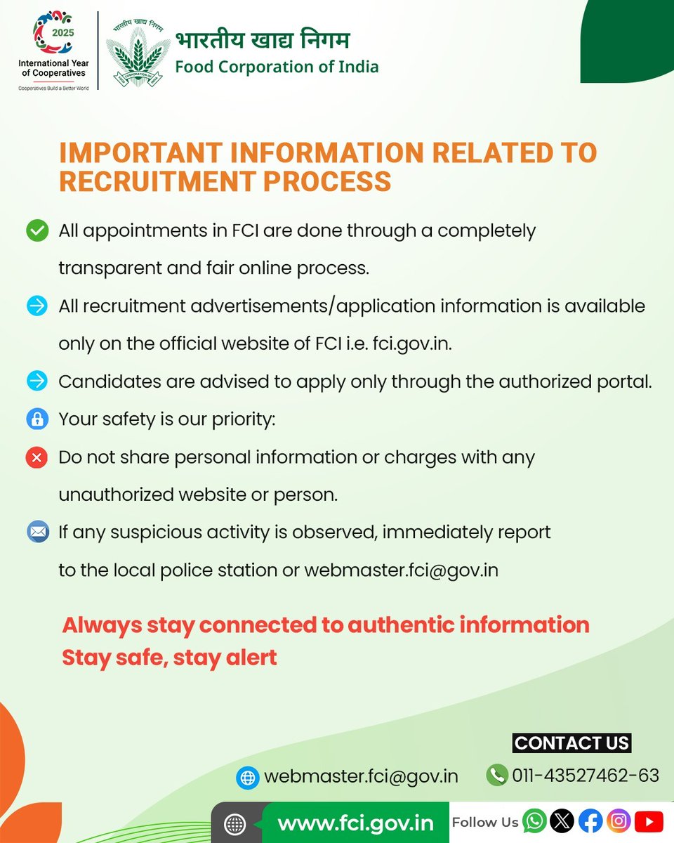 FCI advises you to read all points carefully for important information regarding the recruitment process. Beware of fake offers and visit fci.gov.in for authentic information.

To report any fake job offers, immediately contact webmaster.fci@gov.in

#Recruitment