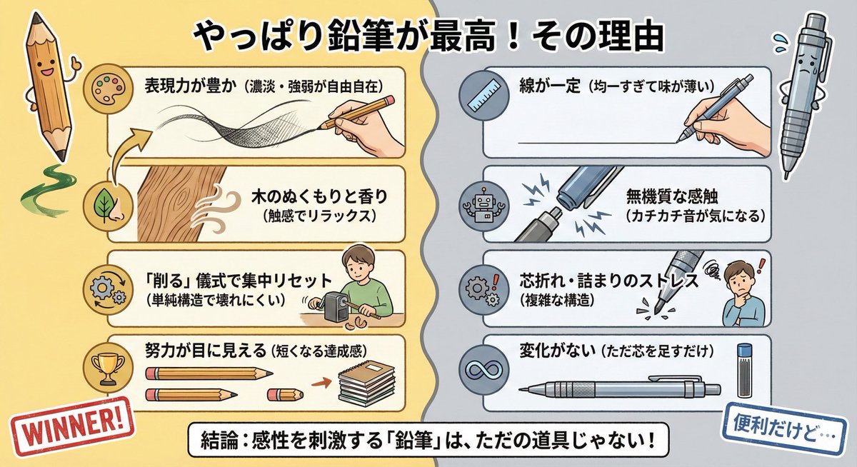 小学校では鉛筆を使わせる✏️

「先生、シャーペン詰まりました」
「先生、芯持ってる人いませんか？」
「カチカチカチカチ…（無限ノック音）」

正直に言います。

小学校、特に低・中学年で「鉛筆」を強く推奨するのは、単なる「古臭い慣習」でも「先生の支配欲」でもありません。