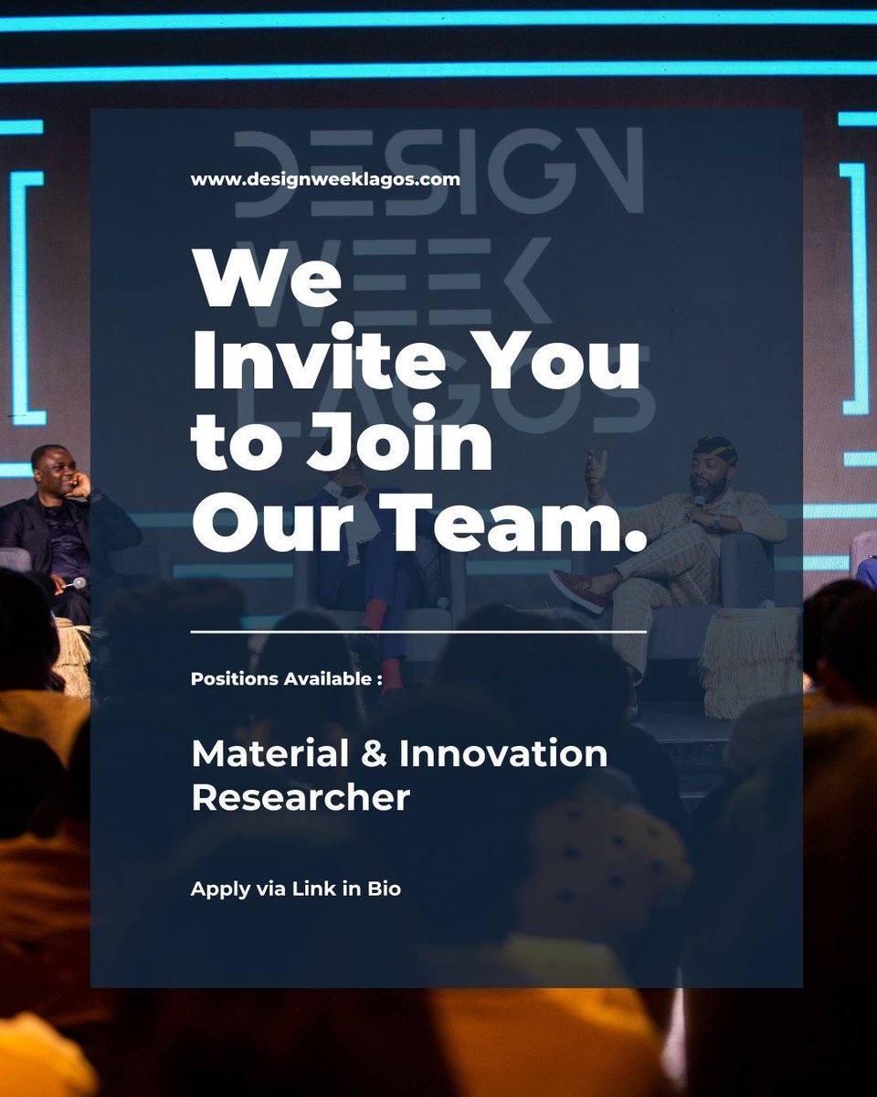 Design Week Lagos is hiring a Material &amp; Innovation Researcher. DWL is looking for talented and creative people to help build Africa’s leading design and innovation movement.

Send your application details to info@designweeklagos.com

naija AfricanDesign CreativeJobs GigsnMore