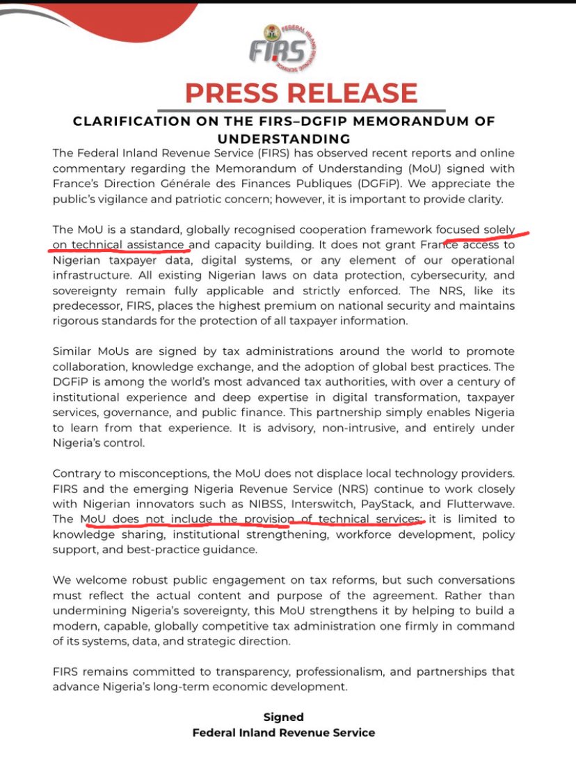 @FIRSNigeria This document is contradicting itself!

According to the MOU, France will “provide technical assistance” but will not “provide technical services.”

What’s the difference?

How will France gain enough insight to enable it give FIRS quality “advice” wout access to data?