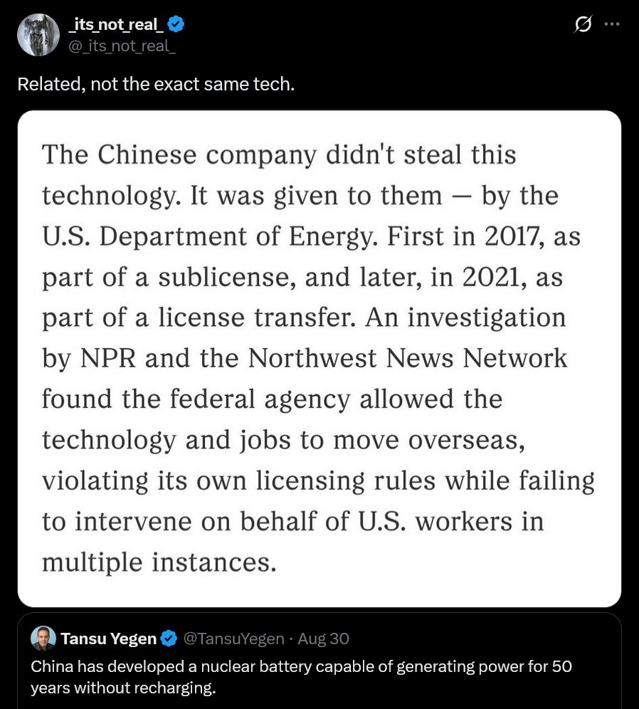 Reminder that the US spent research and development dollars on nuclear batteries, gave the tech to China, and banned US firms from working on it.