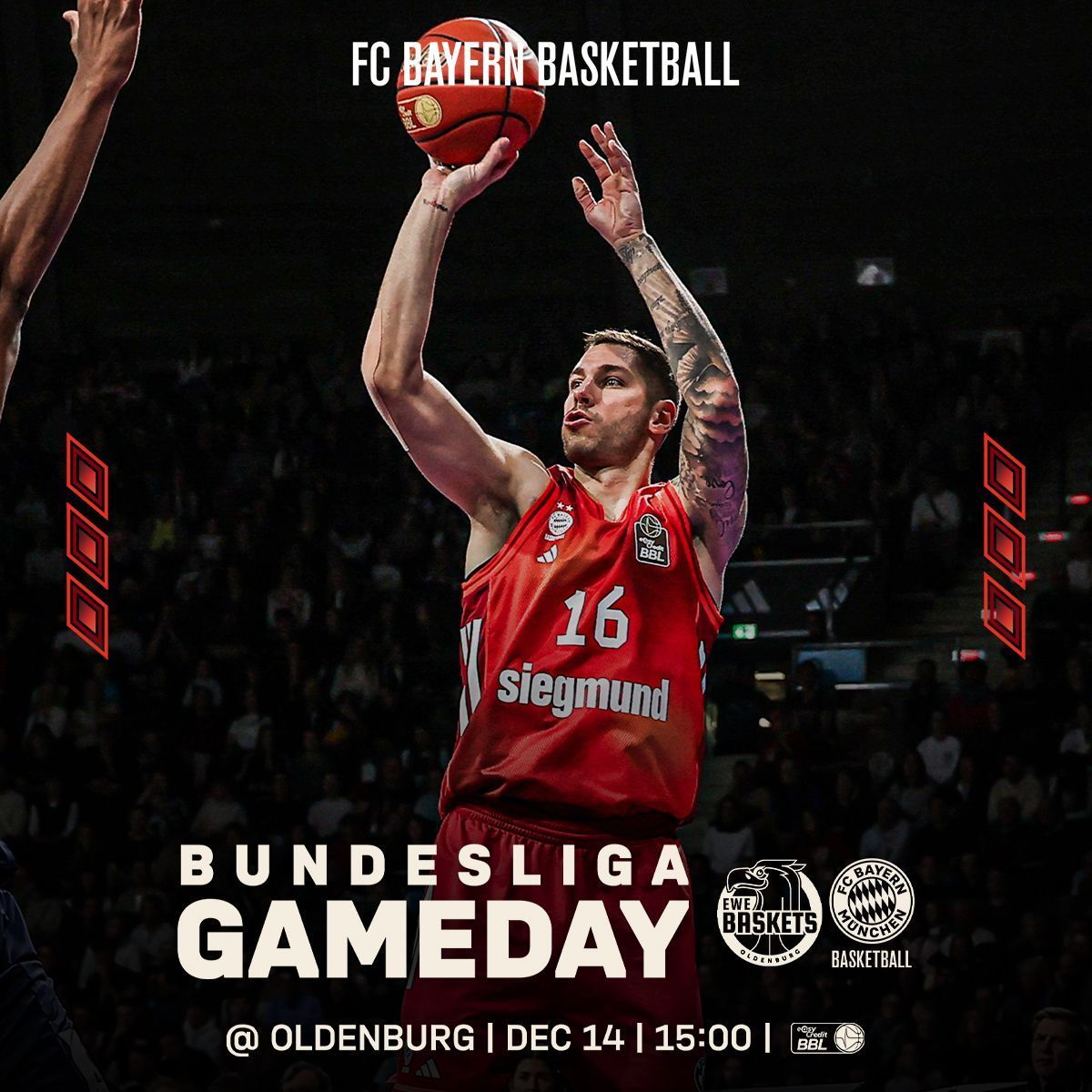 FCBBasketball's tweet photo. Tabellenspitze verteidigen! 💪

🏆 @easyCreditBBL
 🆚 @EWE_Baskets
🕔 15:00 Uhr
📺 Live bei @dynsport

#FCBB #OLDFCB #BBL https://t.co/WLvhH03Q5K