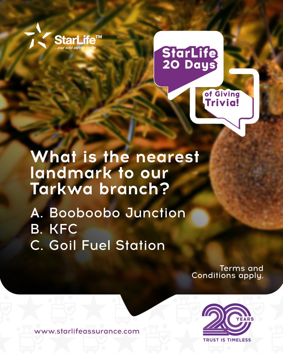 Starlifegh's tweet photo. The gifts keep coming!

Day 11 of 20 Days of Giving is live!

Drop your answer, tag 5 friends to follow @StarLifeAssurance &amp; comment “Done”.

Remember, you must have an active policy to qualify.

Days 11-15, winners will be selected from LinkedIn.
#20DaysOfGiving #TrustIsTimeless https://t.co/YGr82qNdEq