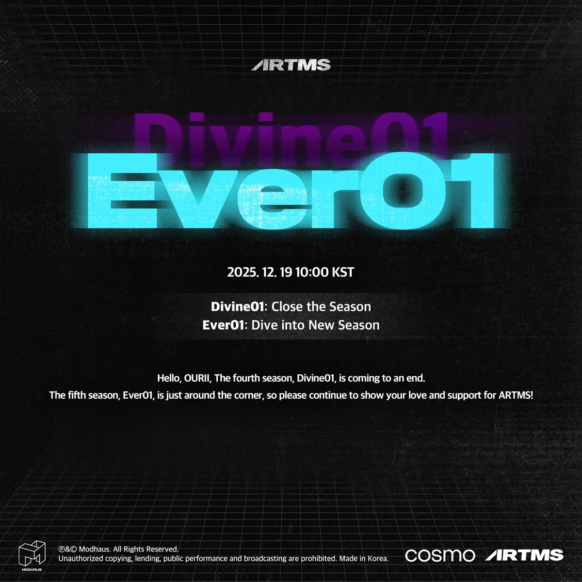 official_artms's tweet photo. Divine01 : Close the First Season
🔜 Ever01 : Dive into New Season

#ARTMS #아르테미스 #OURII
#Cosmo #Divine #Ever https://t.co/LUWrDSh7pg