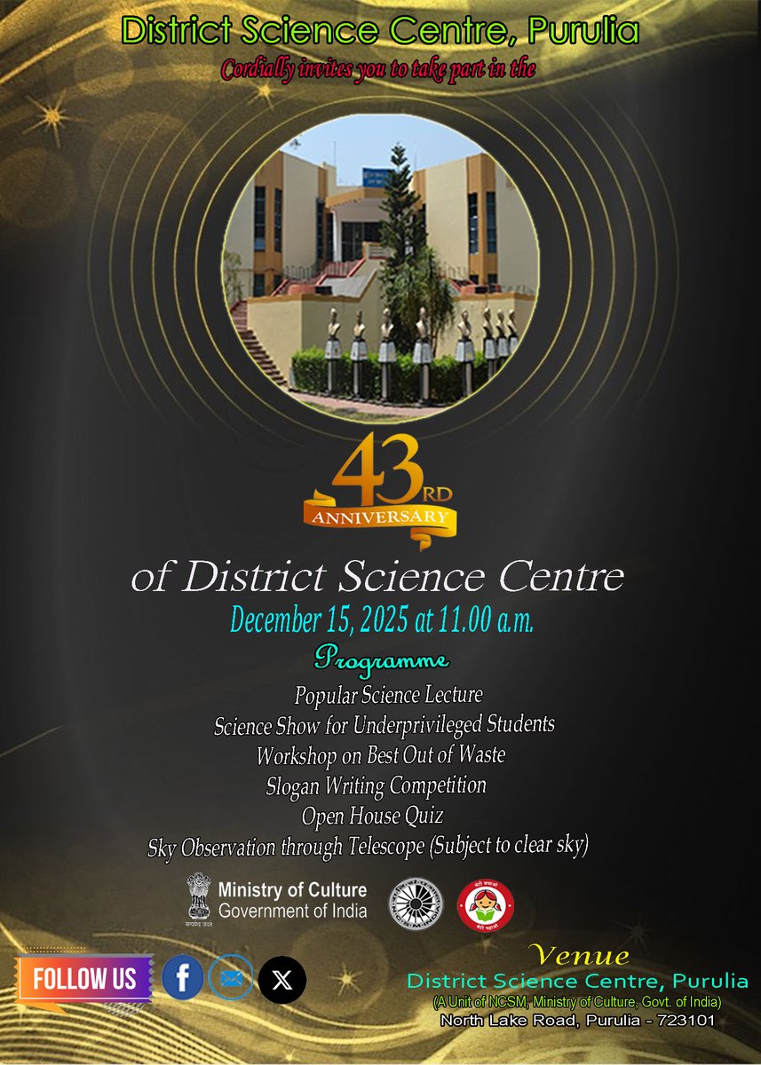 ncsmgoi's tweet image. 🎉District Science Centre, Purulia, a unit of @ncsmgoi, @MinOfCultureGoI marks 43 years of inspiring scientific curiosity!

Join the celebrations with a host of fun and engaging science activities.

#ScienceForAll #ScienceCommunication