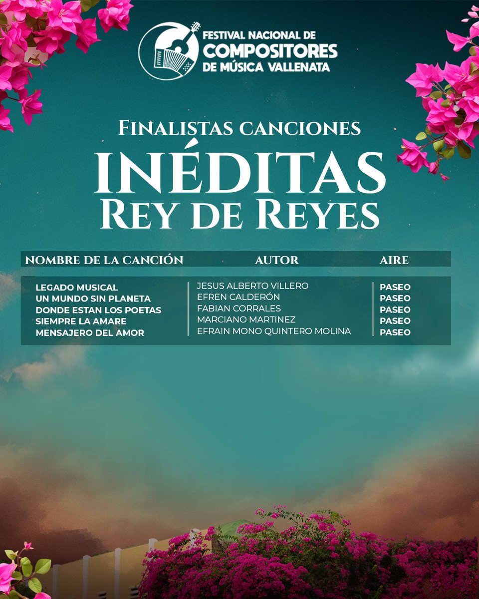 🎶 Estos son los 5 finalistas del Concurso de Canción Inédita Categoría Profesional Rey de Reyes del FestiCompositores.
Ya estamos a poco de conocer quien será el nuevo Rey de Reyes de nuestro festival.
No te pierdas la gran final, en directo por Telecaribe.