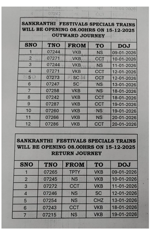Running of Sankranthi Specials by SC division/SCR
Bookings will be opening at 08:00 hrs of 15-12-2025, passengers please avail this facility and book  the tickets accordingly <a href="/drmsecunderabad/">DRM Secunderabad</a> <a href="/SCRailwayIndia/">South Central Railway</a> <a href="/RailMinIndia/">Ministry of Railways</a>