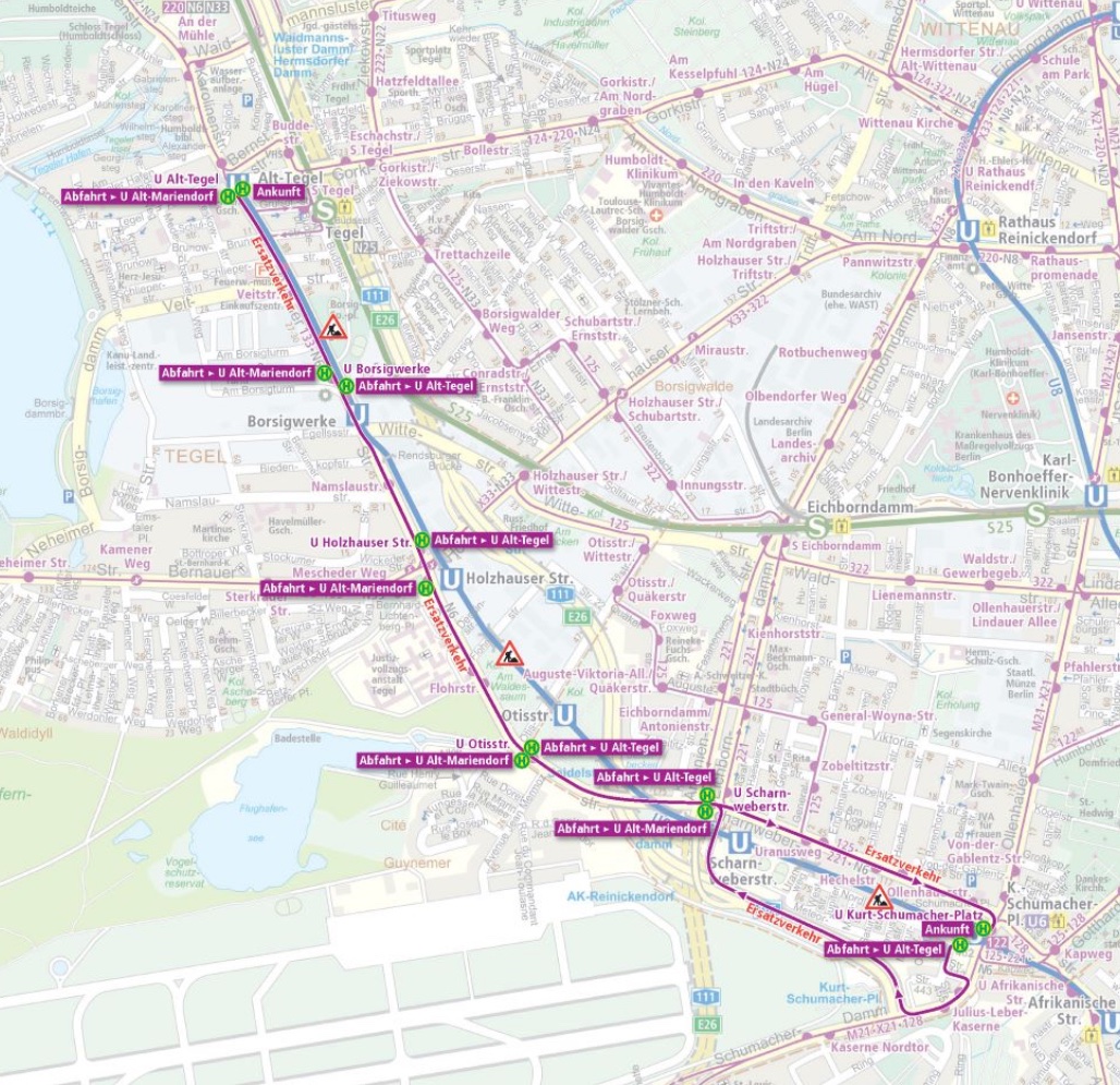 OPNV_Berlin's tweet photo. 🚧 Bauinformation #Berlin 🚧
Noch bis vsl. Mitte / Ende 2026 besteht auf der Linie #U6_BVG wegen #Bauarbeiten zwischen #Kurt_Schumacher_Platz <> #Alt_Tegel ein #Ersatzverkehr.
Wir wünschen eine gute Fahrt! #BVG https://t.co/YQerRFccFp