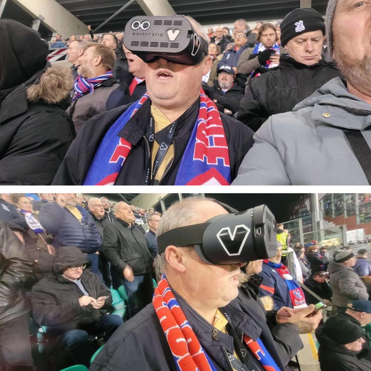 A visually impaired Crystal Palace fan at the game in Dublin this week wearing his VR headset. ❤️

This helps him watch the game in detail and it's given to him for free by the club.

Amazing initiative from the Eagles. 🦅