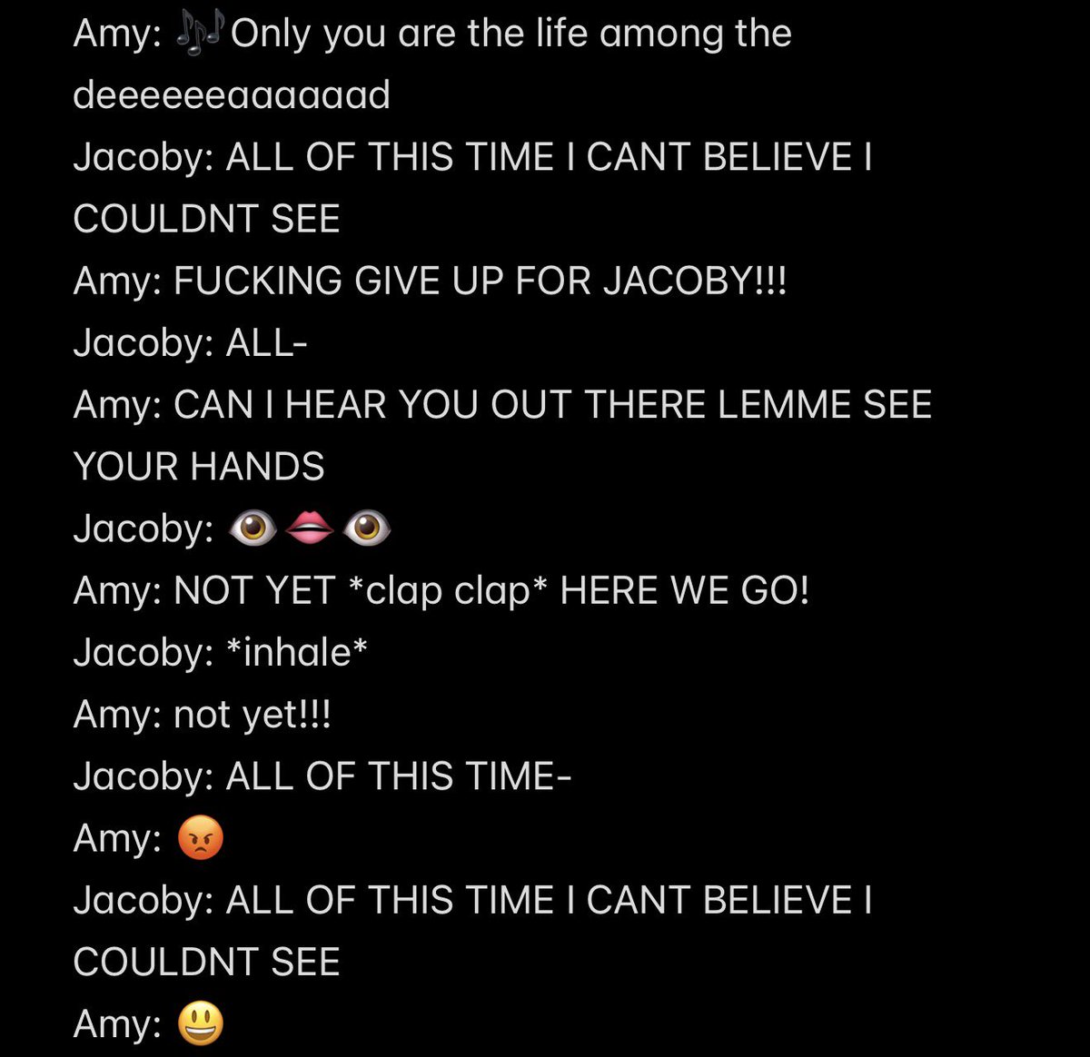 AllySugi's tweet image. An actual transcript of Bring Me To Life ft Jacoby tonight: