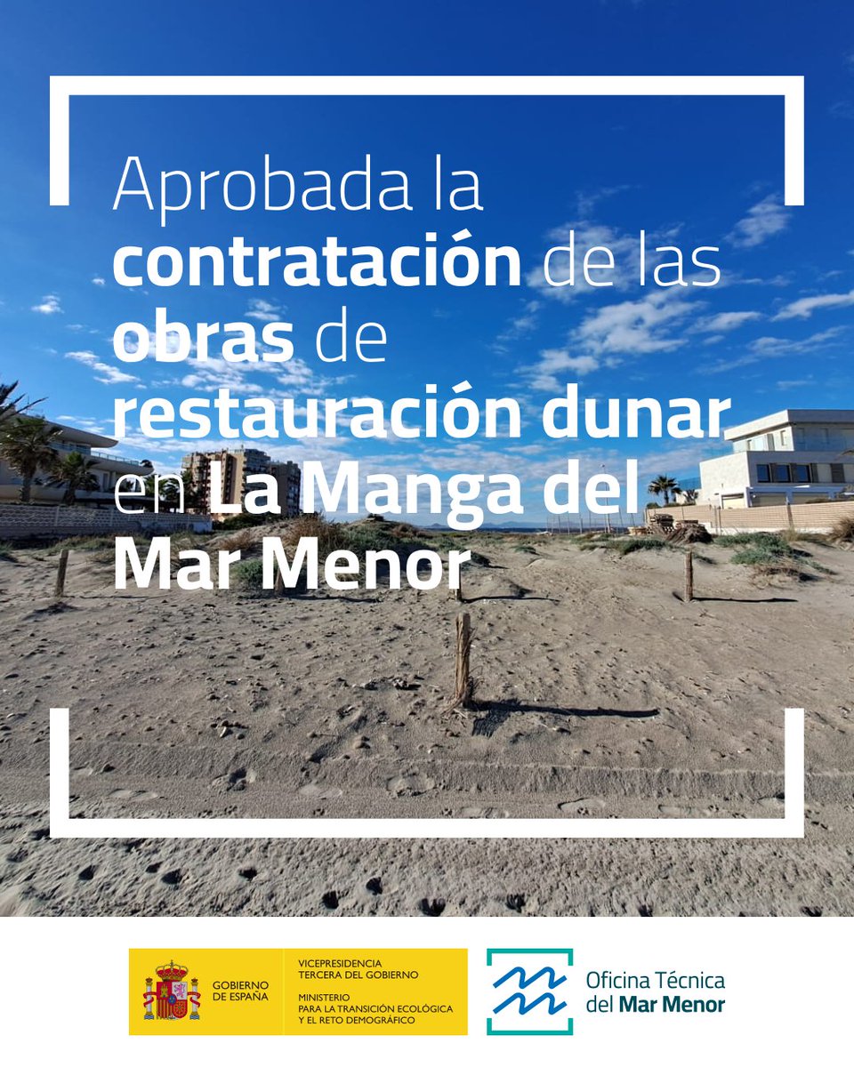📢Luz verde del <a href="/mitecogob/">Transición Ecológica y Reto Demográfico</a> a la restauración dunar en 6⃣ áreas del norte de La Manga del Mar Menor (San Javier)

💶210.000 euros

🗓️8 meses

🎯Objetivos:

⌛️Mejora y ampliación de hábitats dunares

🌊Amortiguar la erosión de los oleajes durante los temporales