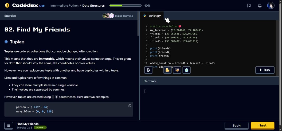 palchhinx's tweet image. day 13 of #30NitesofCode
started and finished two lessons of chapter 1 of the intermediate Python course.