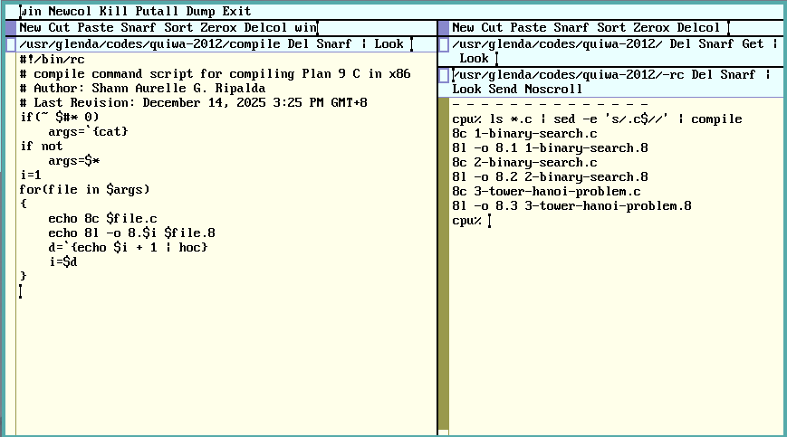 ShannAurelle's tweet image. It works as expected🥰. To streamline my automation, I target all C files ( ls *.c ), remove C file extensions (sed -e 's/.c$//' ) before piping it to the compile program in #9front #Plan9