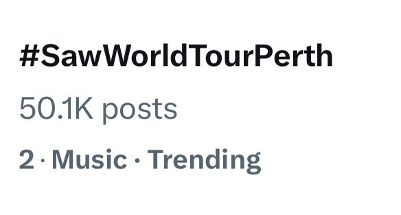 BOOMBAAAAA! Pasampal po ng tags! Ipa-top trend na natin!

50k 🔓✅

SAW THE LAST PERTH
<a href="/SB19Official/">SB19 Official</a> #SB19
#SawWorldTourPerth
#ItsPerthTimeForSB19SAW